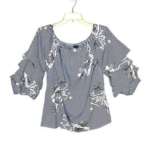 Style House Ruffle Striped Floral Puff Sleeve Blouse